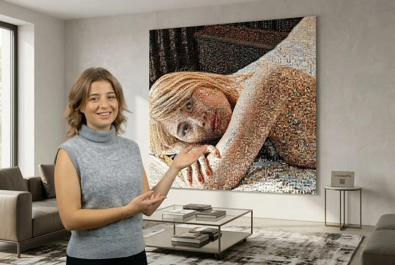 Grande œuvre d'art érotique en mosaïque moderne accrochée au mur d'un salon contemporain élégant.