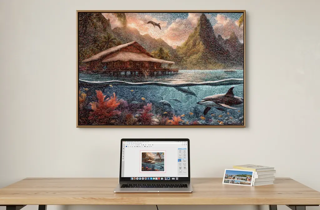 Mosaïque photo encadrée au-dessus d’un bureau lumineux.