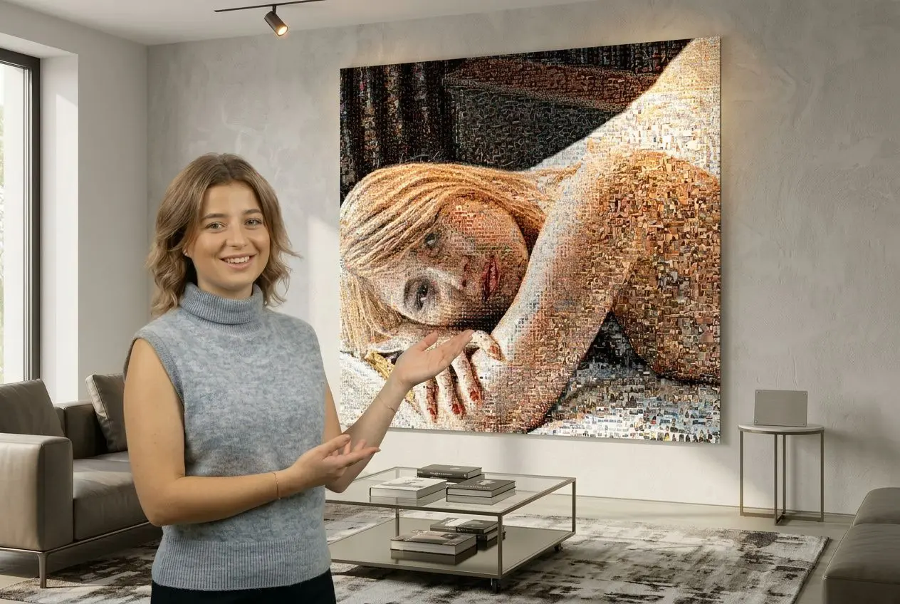 Portrait d'une jeune femme souriante dans un salon moderne présentant une grande œuvre d'art numérique sensuelle au mur. art numérique et sensualité intégrée naturellement.