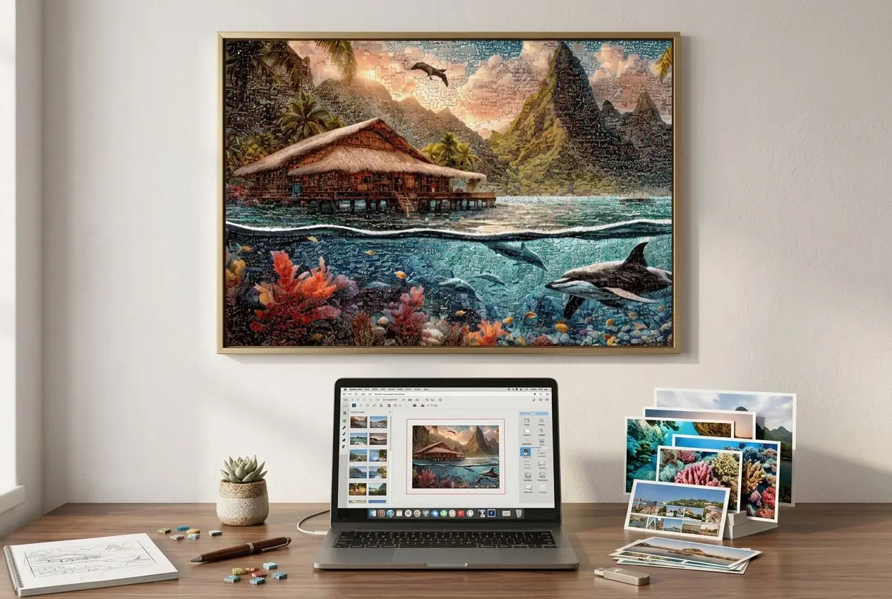 Tableau mural inspiré par la nature, affiché au-dessus d’un bureau avec ordinateur portable et échantillons d’images imprimées, symbole d’intelligence artificielle et création artistique