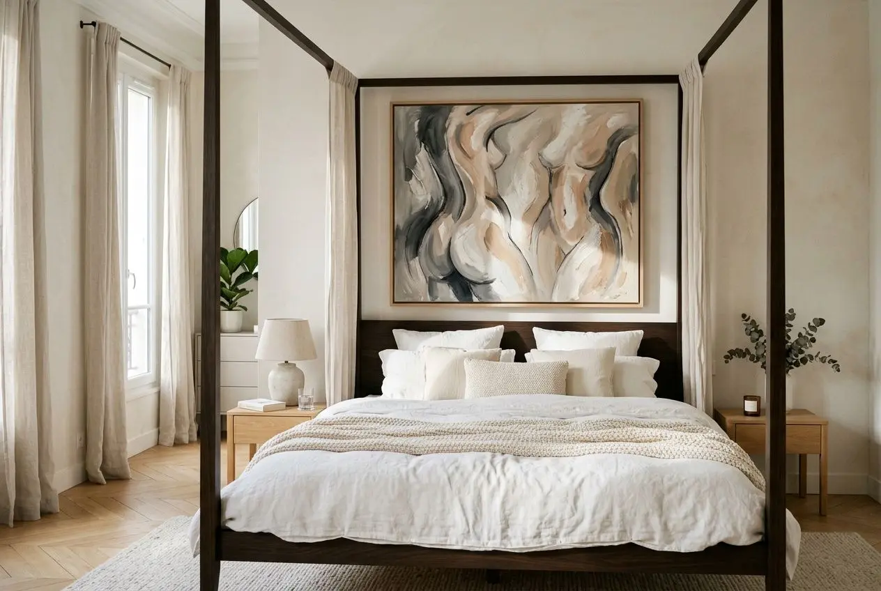 Tableau sensuel pour chambre: grand cadre abstrait au-dessus du lit à quatre postes, décor neutre et chaleureux avec drap blanc et marbre beige.
