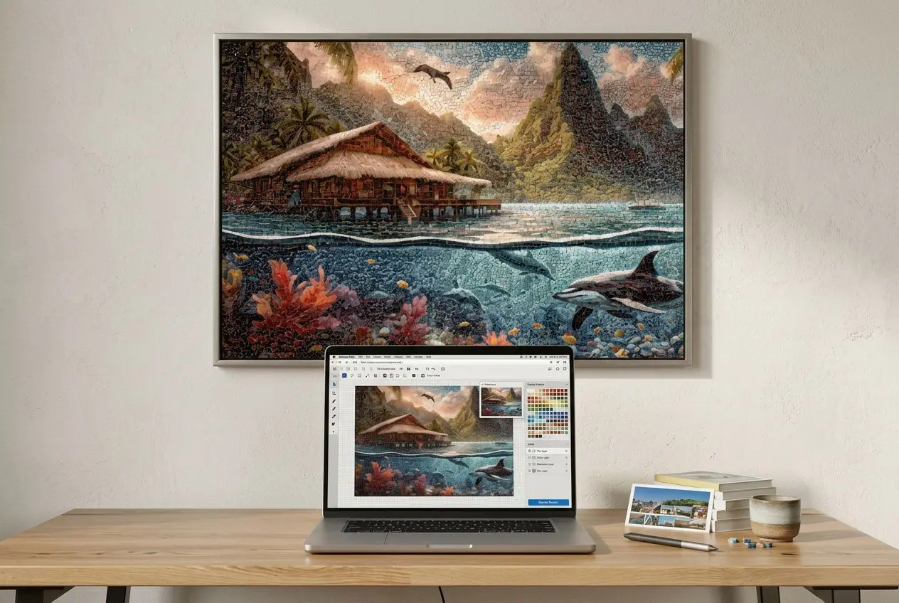 Mosaique anime manga sensuel : scène d’atelier montrant une peinture murale tropicale affichée au-dessus d’un bureau, avec un ordinateur portable et des accessoires sur la table.