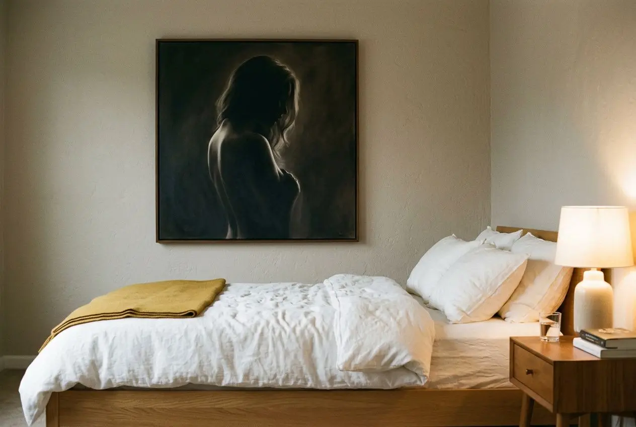 Tableau sensuel femme en noir et blanc, portrait discret accroché au-dessus du lit dans une chambre chaleureuse.